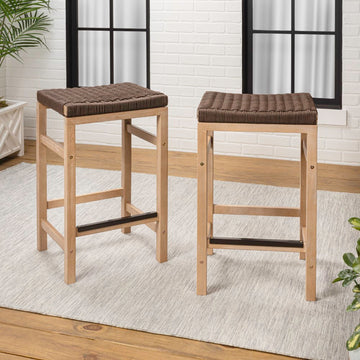 Armand 25.6" Modern Coastal Backless Acacia Wood Outdoor Counter Stool with Woven Rope Seat